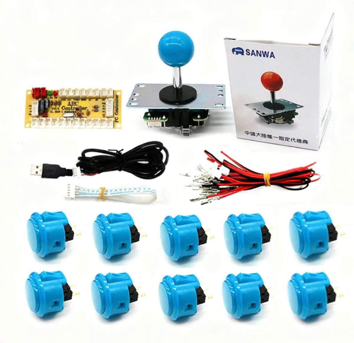 OEM Sanwa Arcade Joystick and Button Kit Complete Set with Encoder and Cables (Blue)