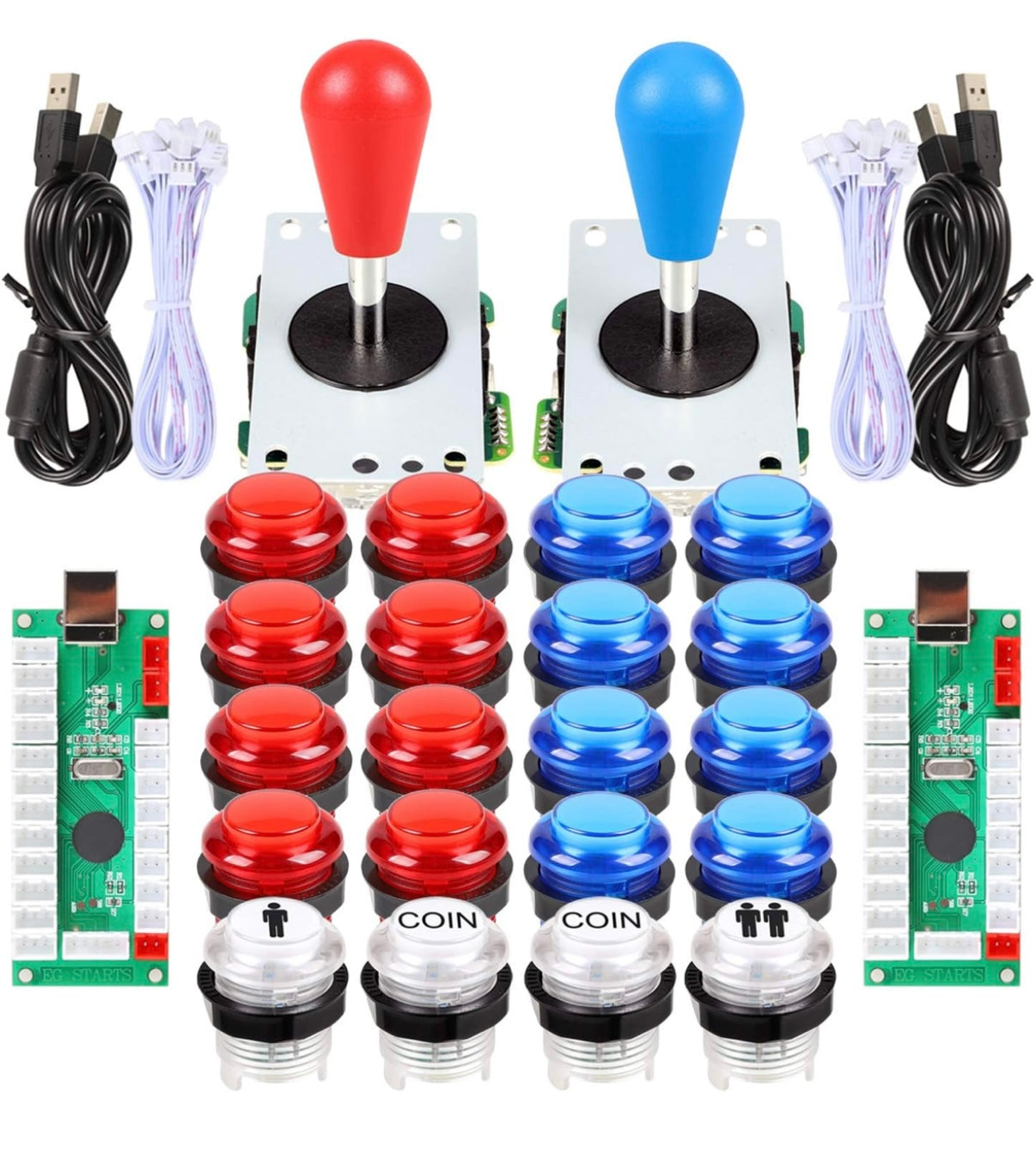 2-Player LED Arcade Joystick & Button Set – Red & Blue