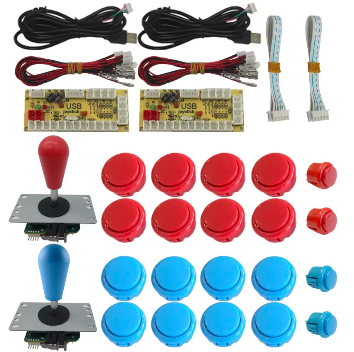 2-Player Arcade Joystick & Button Set – Red & Blue