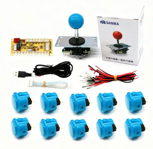 OEM Sanwa Arcade Joystick and Button Kit Complete Set with Encoder and Cables (Blue)