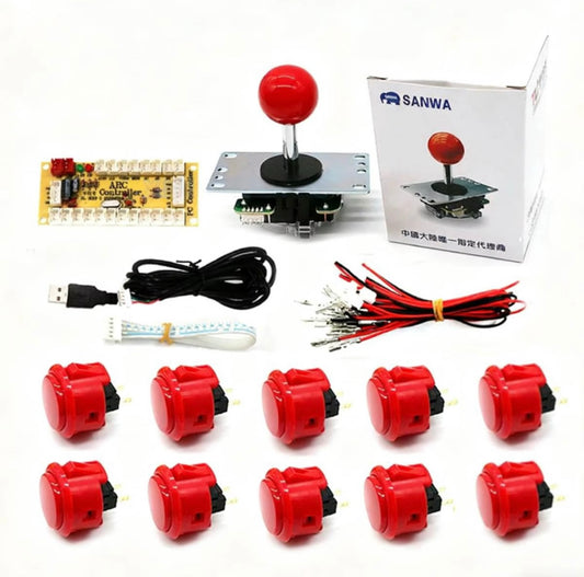 OEM Sanwa Arcade Joystick and Button Kit Complete Set with Encoder and Cables (Red)